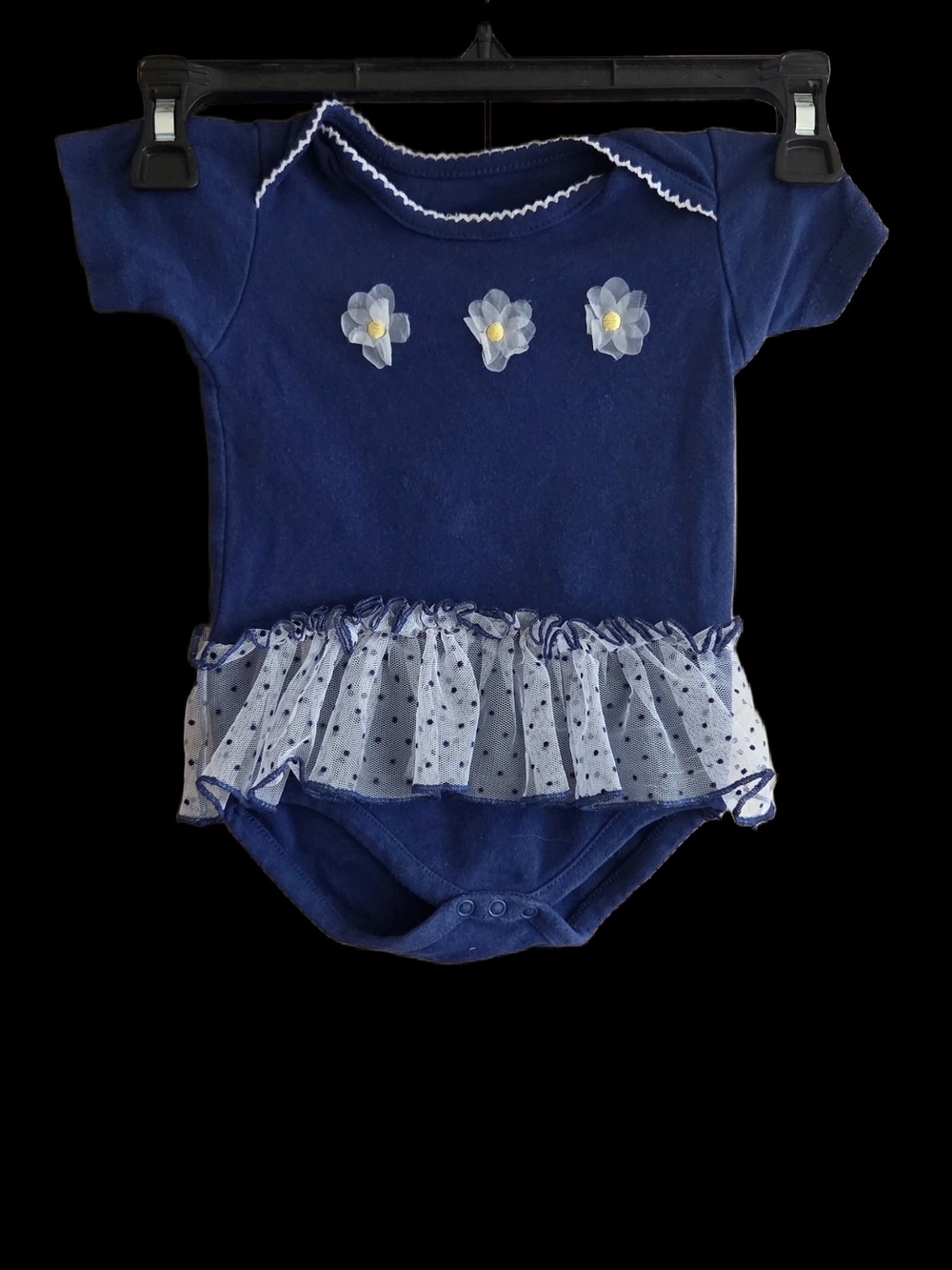 Isaac Mizrahi Navy Blue Baby Girl Ruffled Onesie with Flower Appliqué 6-9mo